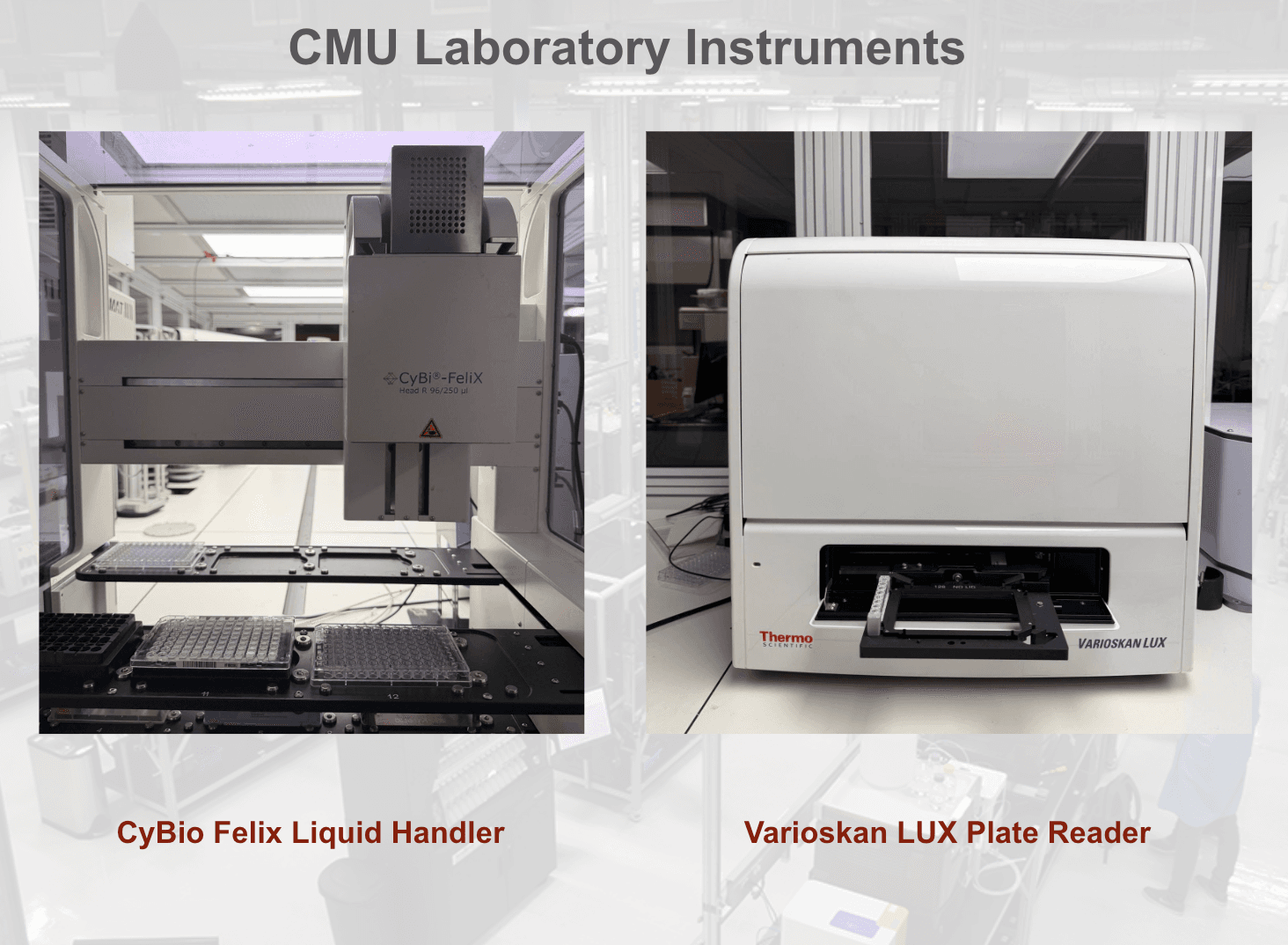 Carnegie Mellon laboratory instruments shown in Anthropic’s MHS case study: a CyBio Felix liquid handler and Varioskan LUX plate reader