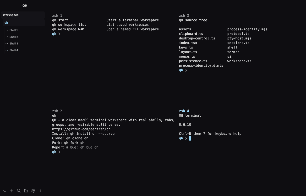 QH on macOS with four live shell sessions