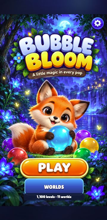 Actual Bubble Bloom development welcome screen with the fox mascot, Play and Worlds buttons