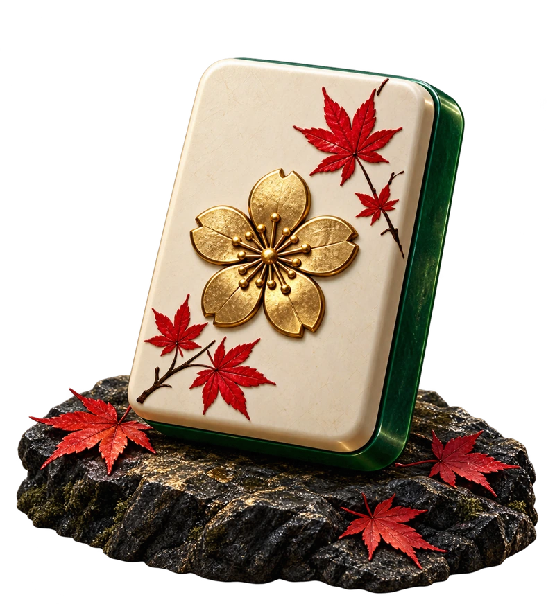 Decorative generated ivory mahjong tile with a gold blossom and red maple leaves