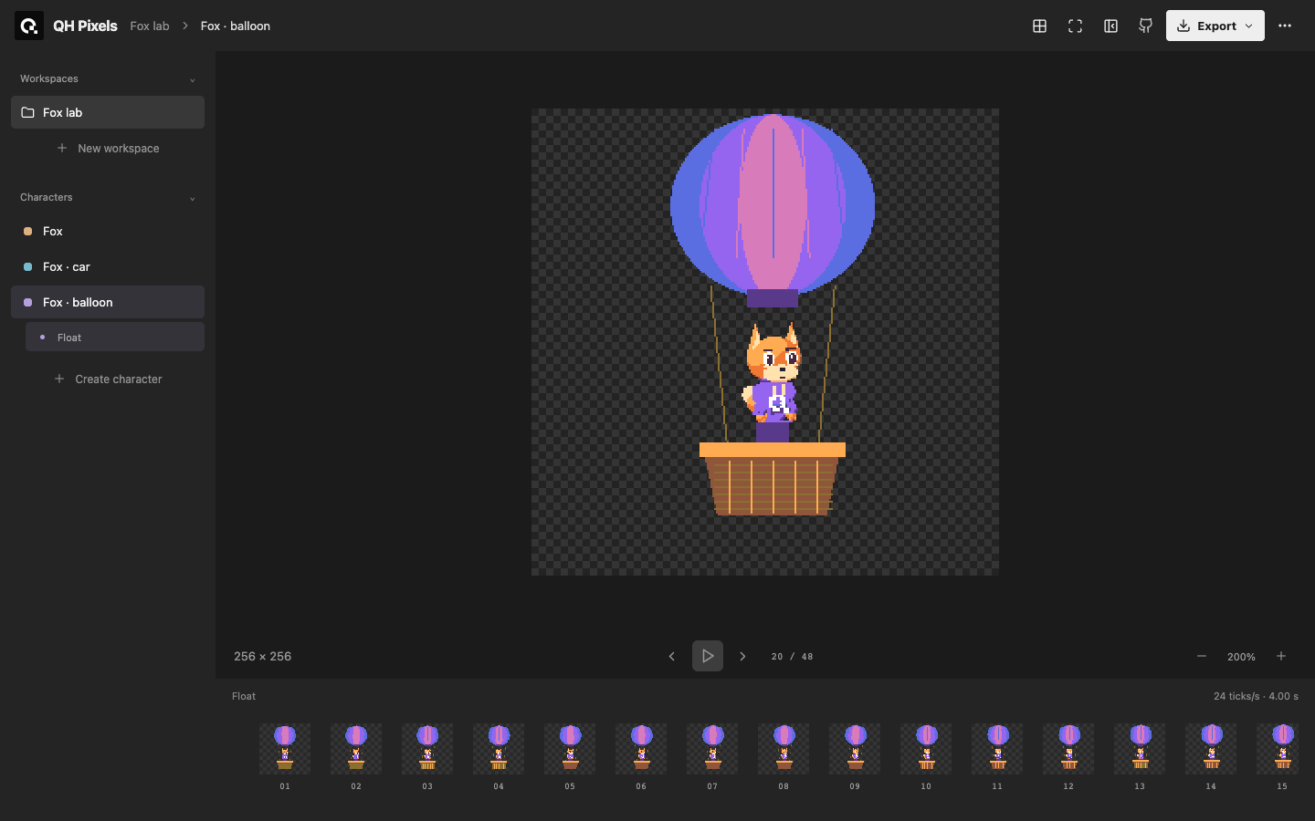 QH Pixels studio showing the Fox balloon motion, workspace sidebar, and frame timeline.