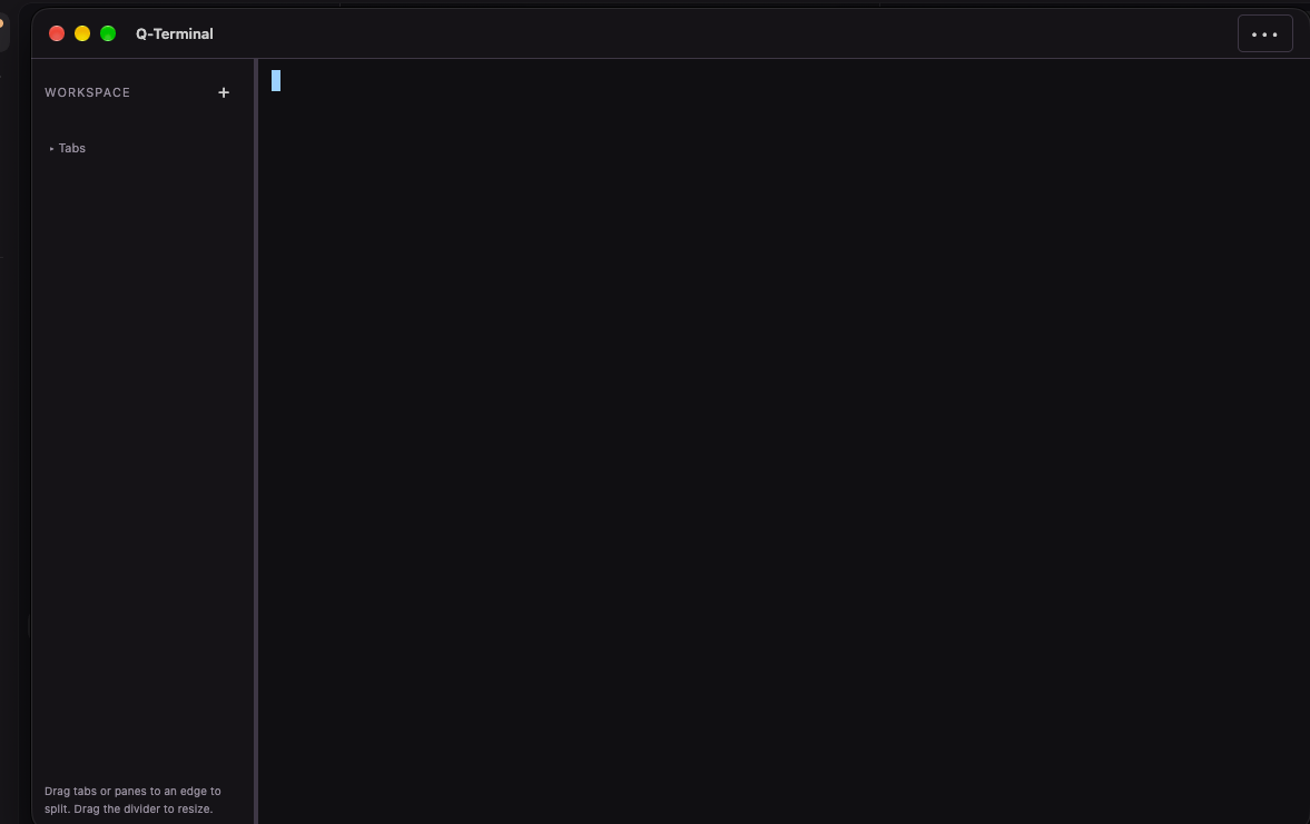 Qesh desktop workspace with sidebar tabs and a three-dot menu, shown during development as Q-Terminal