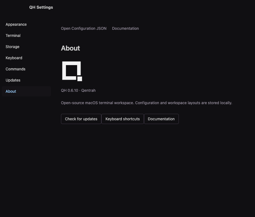 QH About settings with the square Q and block cursor logo